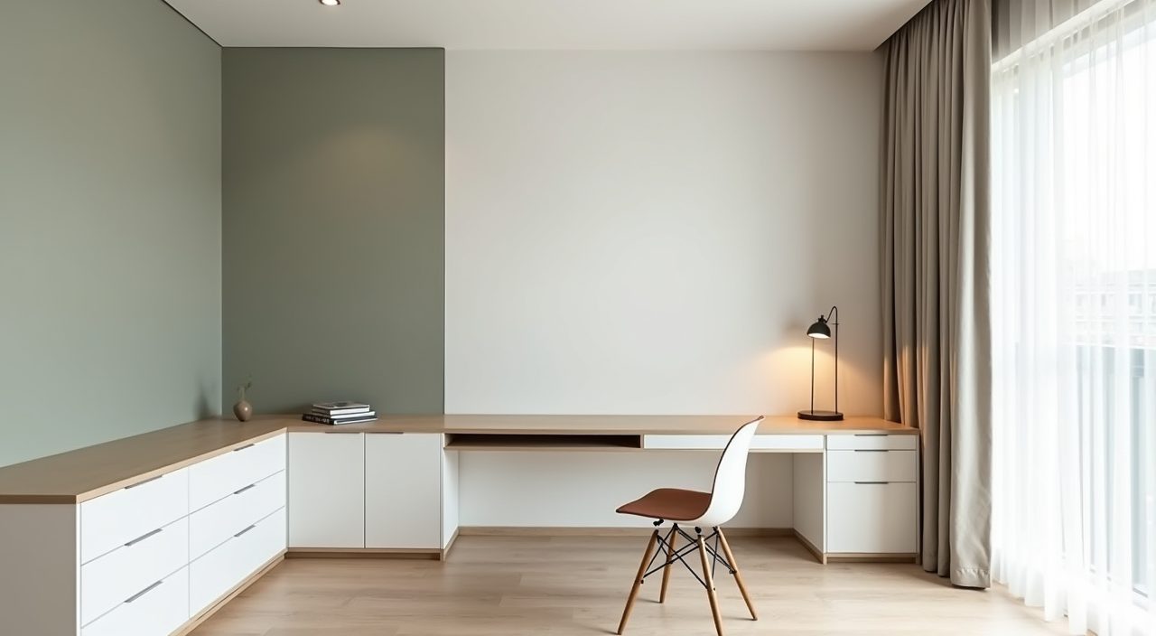 Modern contemporary Singapore study room with cool neutral palette and sage accent wall