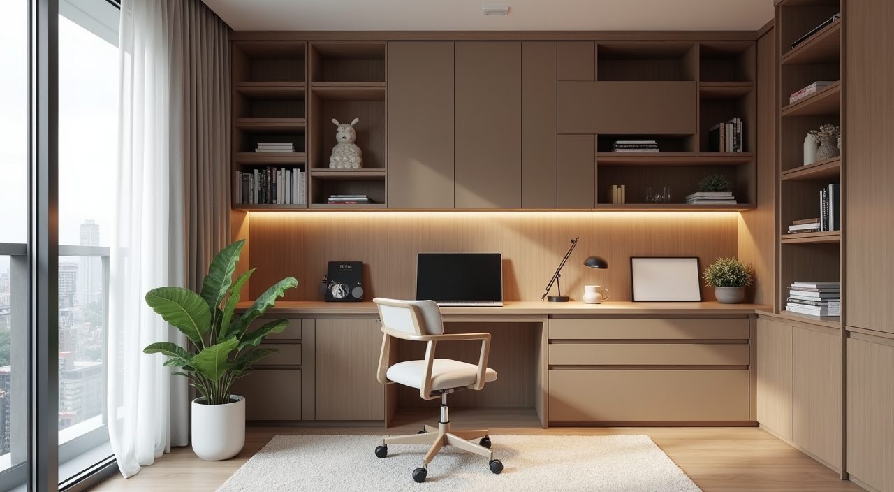 Modern contemporary Singapore study room with full-height built-in wall storage and open shelving