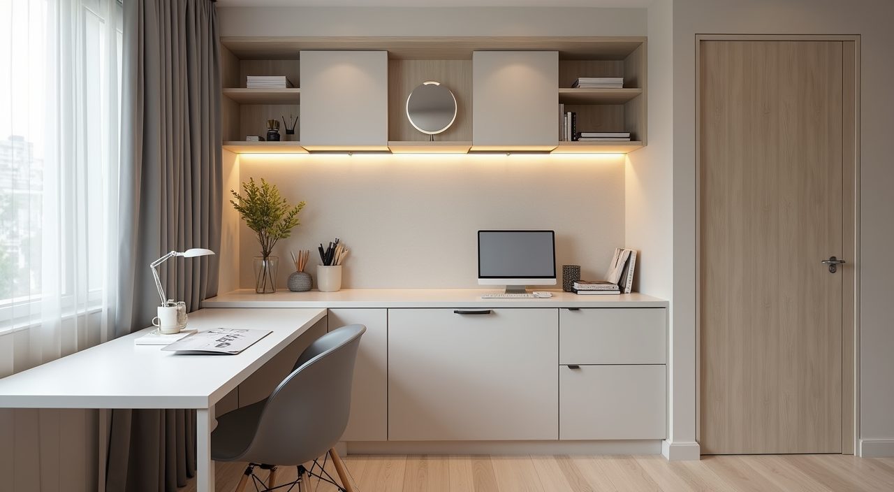 Modern contemporary Singapore study storage detail with push-to-open cabinets and pegboard niche