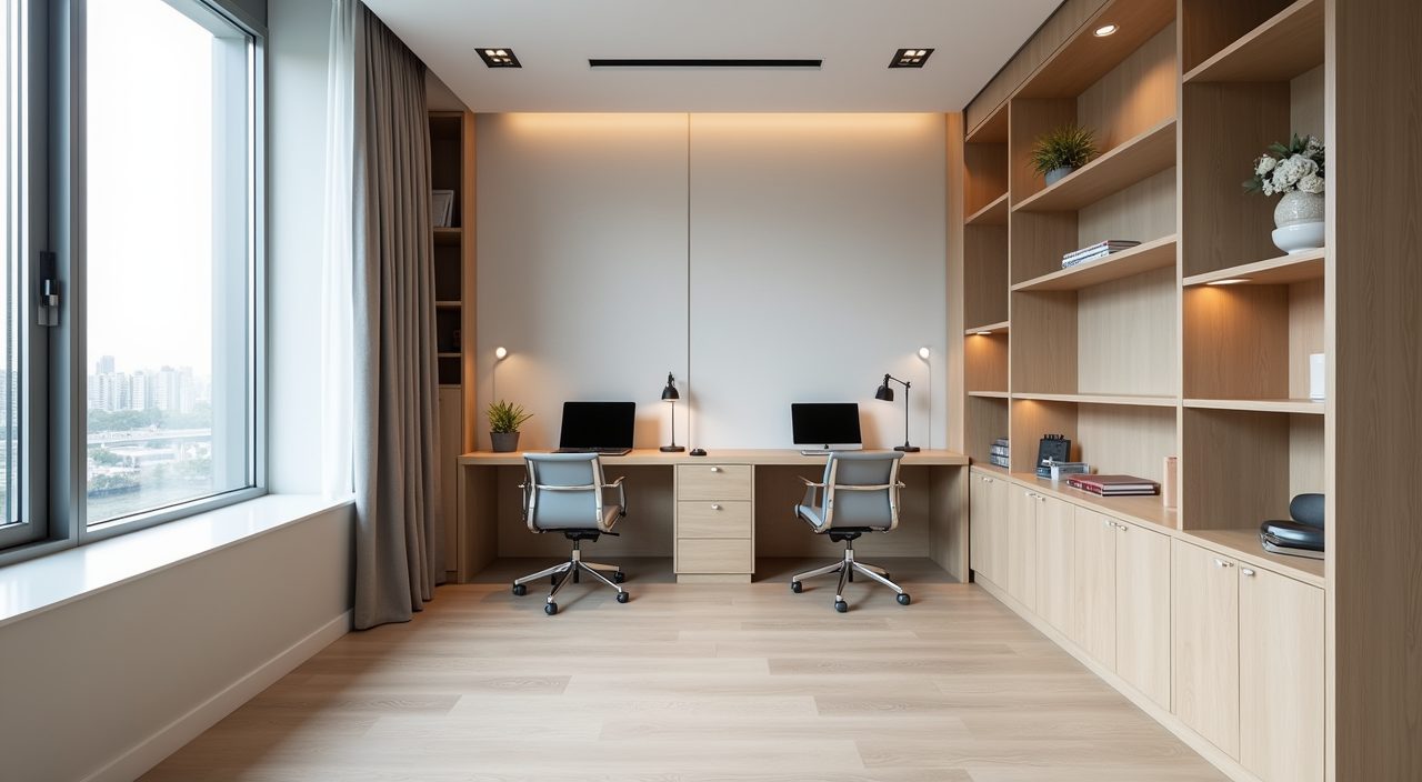 Modern contemporary Singapore study with L-shaped two-person built-in desk along two walls