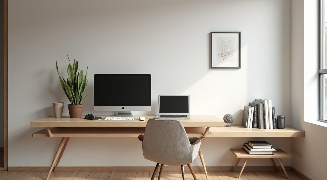 Modern contemporary Singapore study room with slim floating wall-mounted wood desk