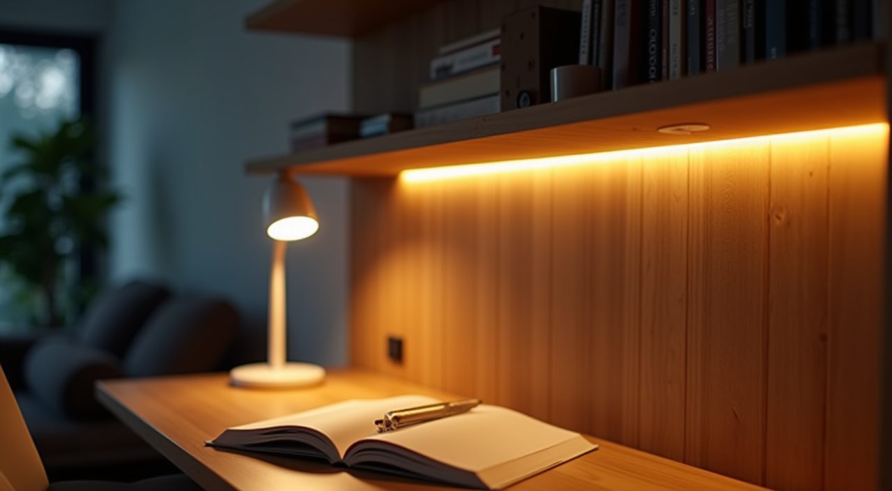 Modern contemporary Singapore study room evening lighting with task lamp and warm LED shelf strip