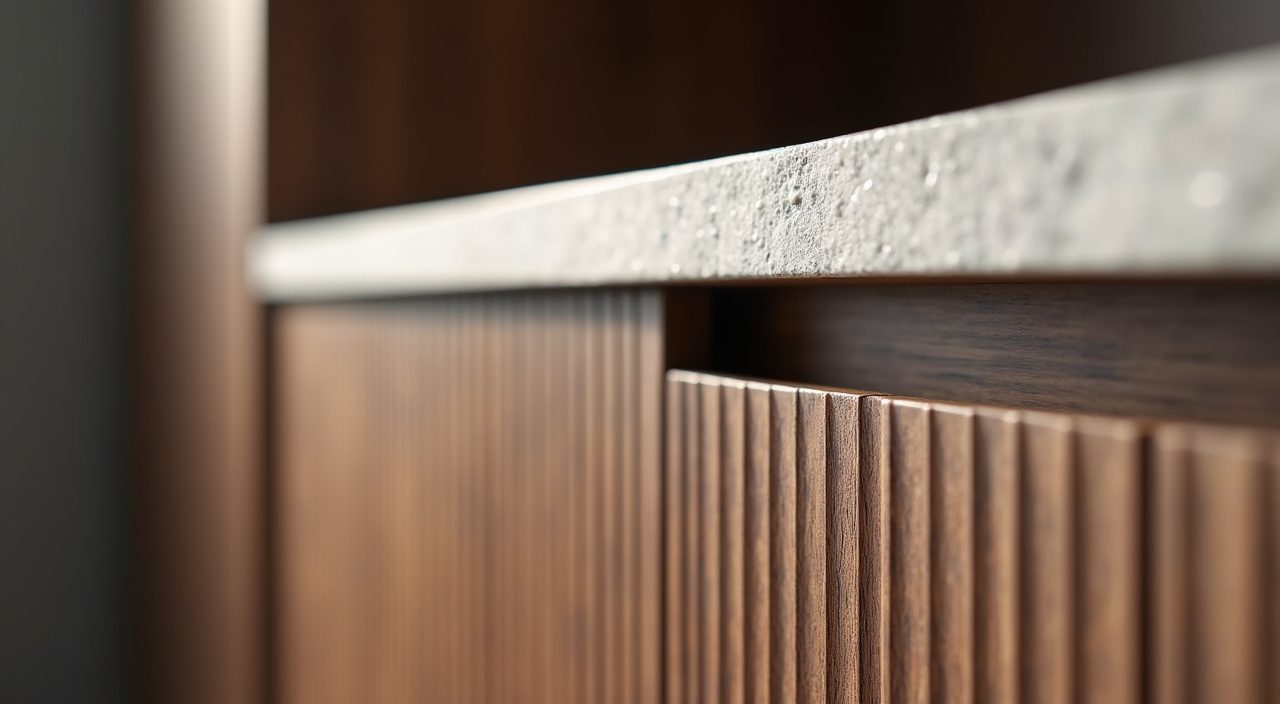 Modern contemporary study room material detail of walnut laminate and fluted matte cabinet finish