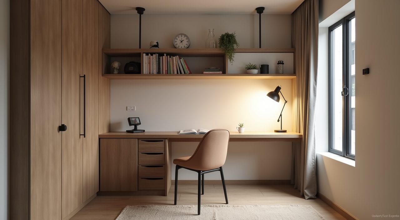 Modern contemporary study nook in a converted Singapore HDB bomb shelter with tension shelving
