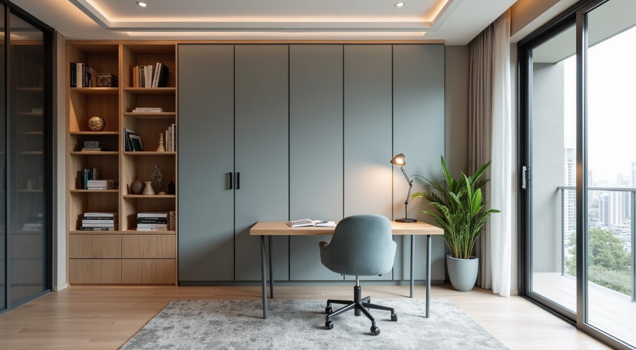 Modern contemporary Singapore study room wide view with built-in shelving and floating desk
