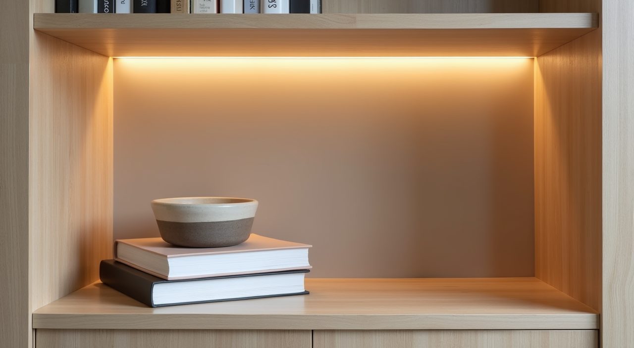 Modern contemporary Singapore study open shelf detail with books on light oak laminate