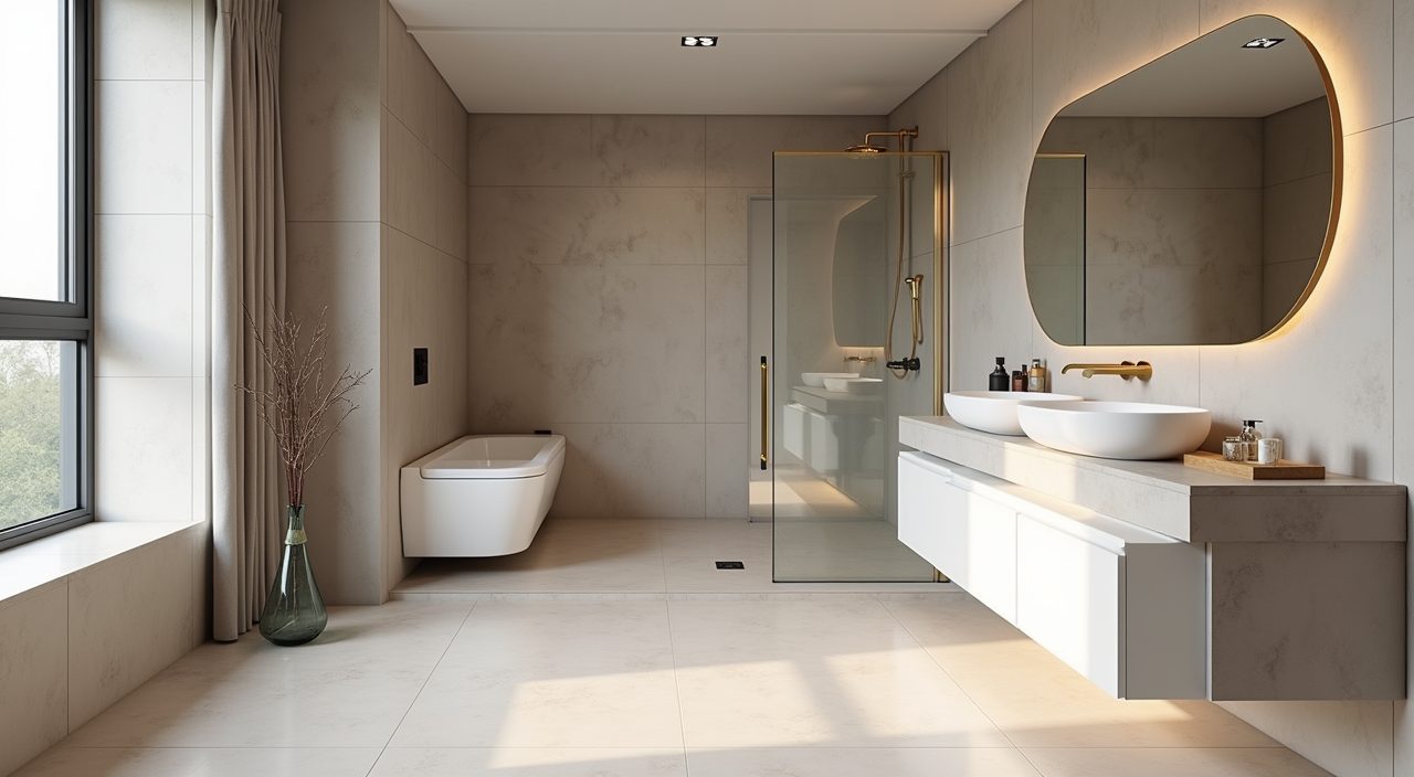 Modern luxury Singapore bathroom in a neutral greige palette with a brushed brass tap accent