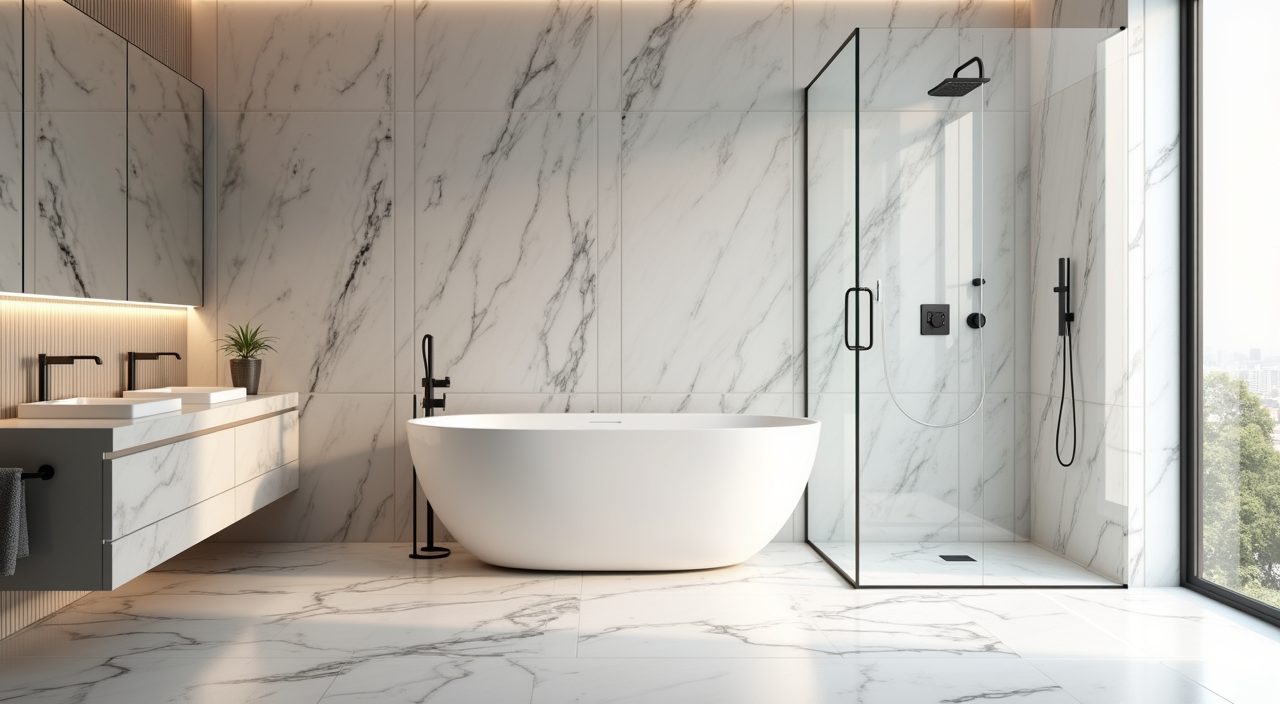 Modern luxury Singapore bathroom shower wall in large-format marble-effect porcelain tiles