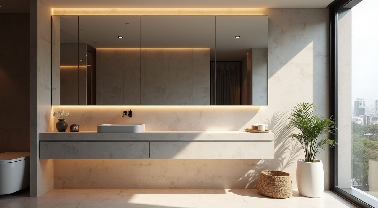 Oversized frameless mirror reflecting light in a serene modern luxury Singapore bathroom