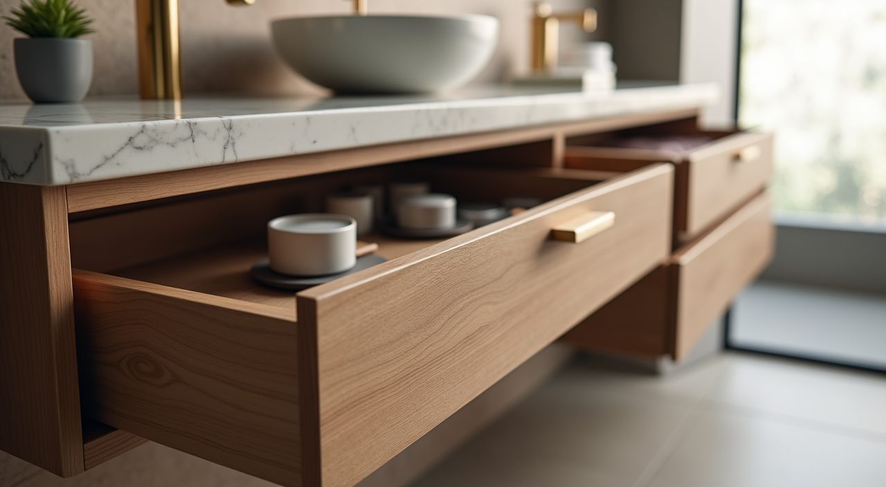 Floating vanity storage drawer detail in a modern luxury Singapore bathroom