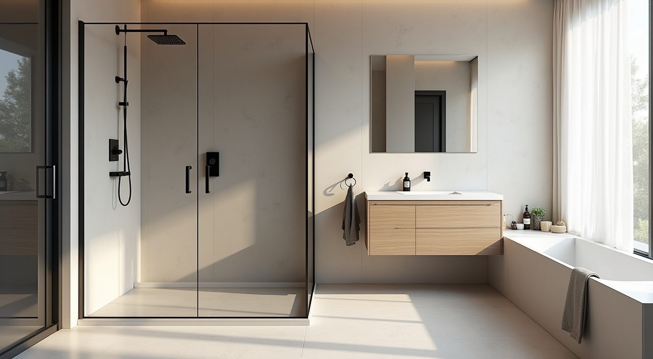 Modern luxury Singapore walk-in shower with frameless glass screen and linear drain