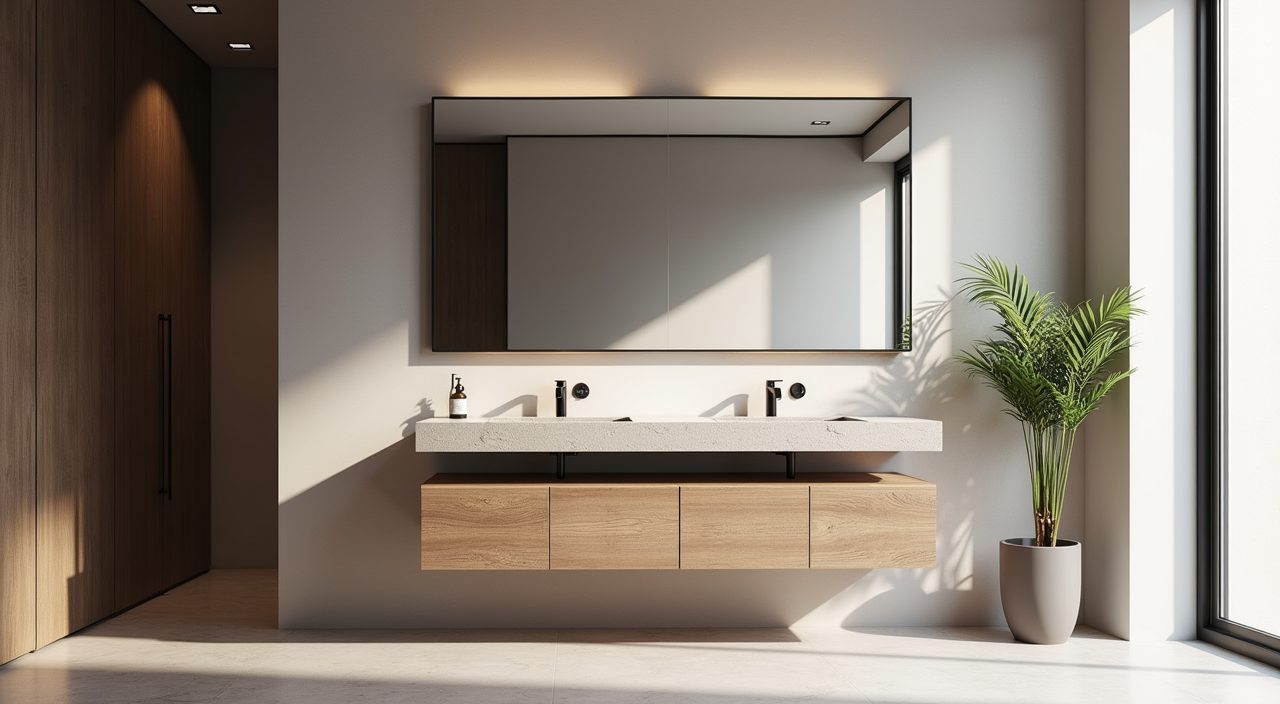 Modern luxury Singapore bathroom with a floating wall-hung vanity and hidden storage