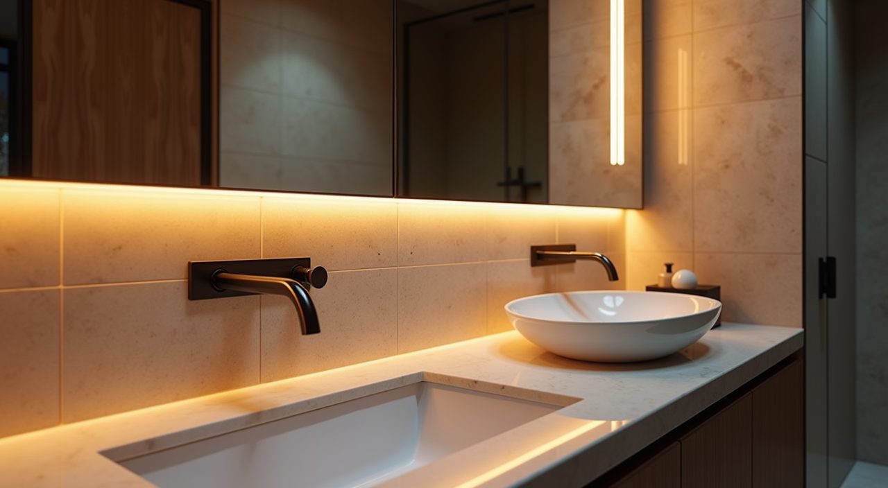 Modern luxury Singapore bathroom lighting detail with a warm backlit mirror and LED vanity strip