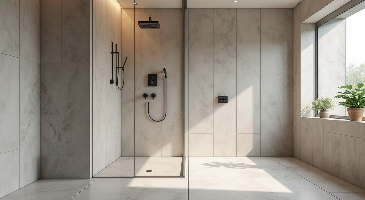 Modern luxury Singapore bathroom corner showing clean silicone joints and ceiling exhaust vent