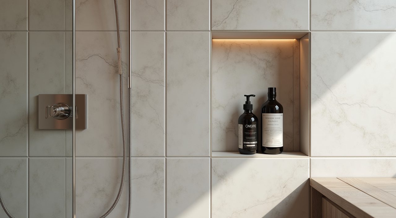 Modern luxury Singapore bathroom recessed shower niche and built-in bench spa detail