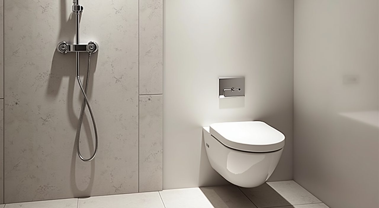 Modern luxury Singapore bathroom with an integrated smart toilet and thermostatic shower valve