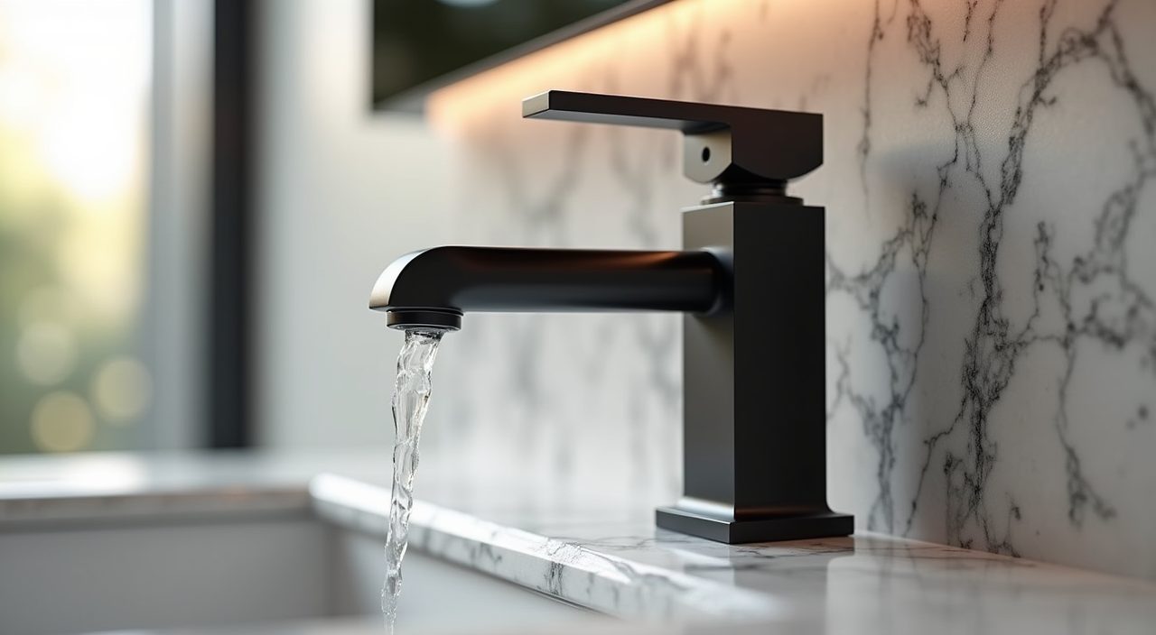 Close-up of marble-effect porcelain and matte black tapware in a modern luxury Singapore bathroom
