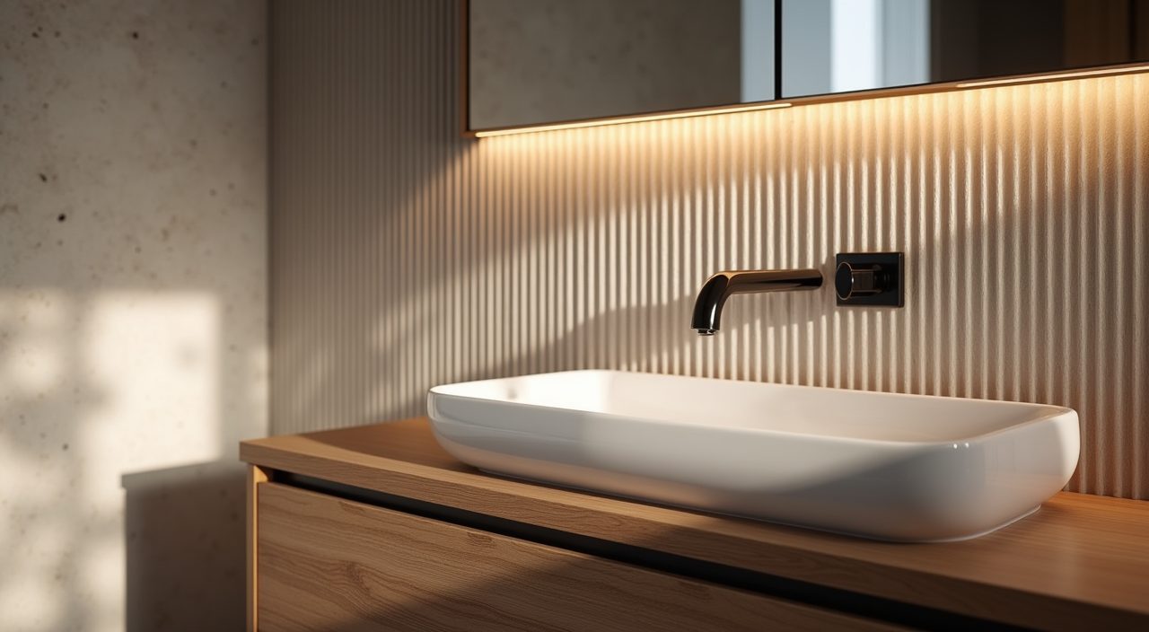 Fluted ribbed feature tile and timber-look vanity detail in a modern luxury Singapore bathroom