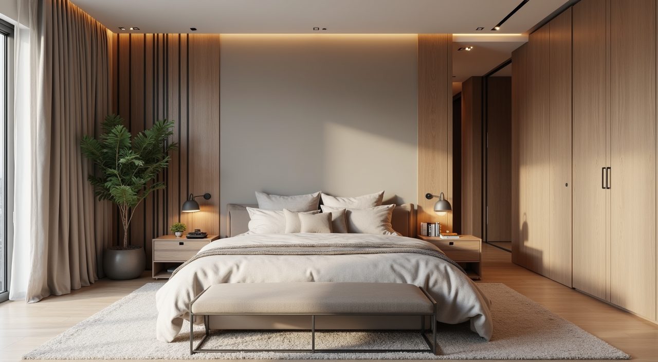 Modern luxury Singapore bedroom in a warm low-contrast greige and taupe palette