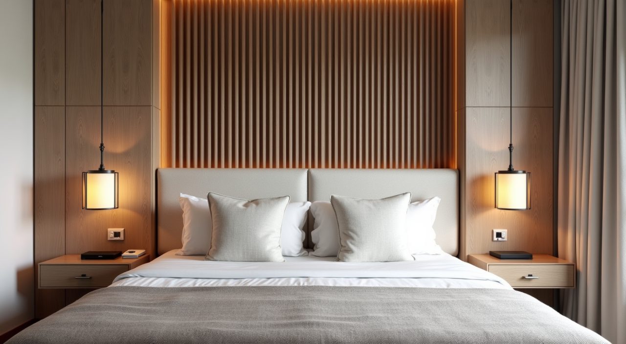 Modern luxury Singapore bedroom feature headboard wall with linen upholstery and fluted timber