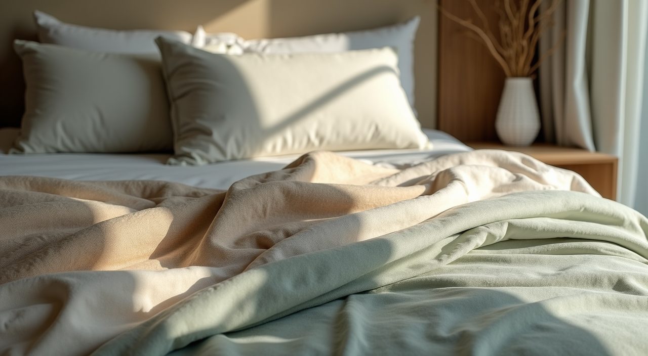 Modern luxury Singapore bedroom detail of layered off-white and sage linen bedding