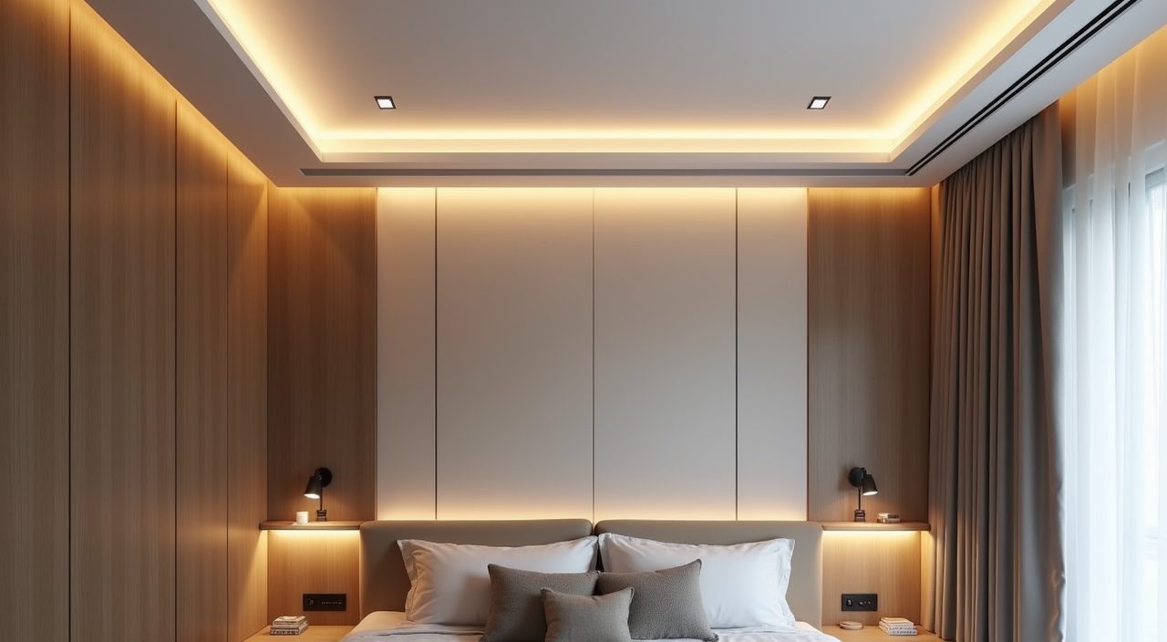 Modern luxury Singapore bedroom lighting detail of a warm plaster cove and L-box ceiling