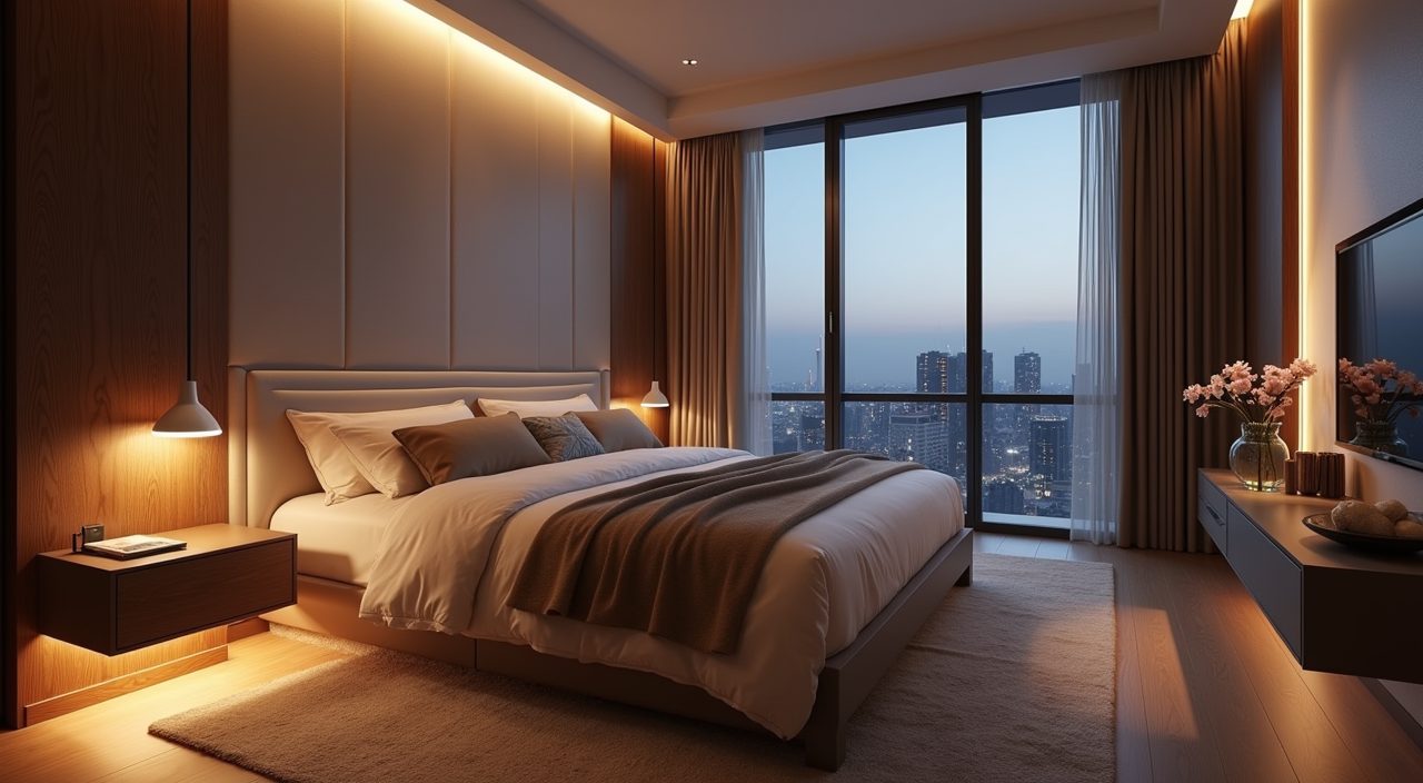 Modern luxury Singapore bedroom with layered cove, bedside and accent lighting