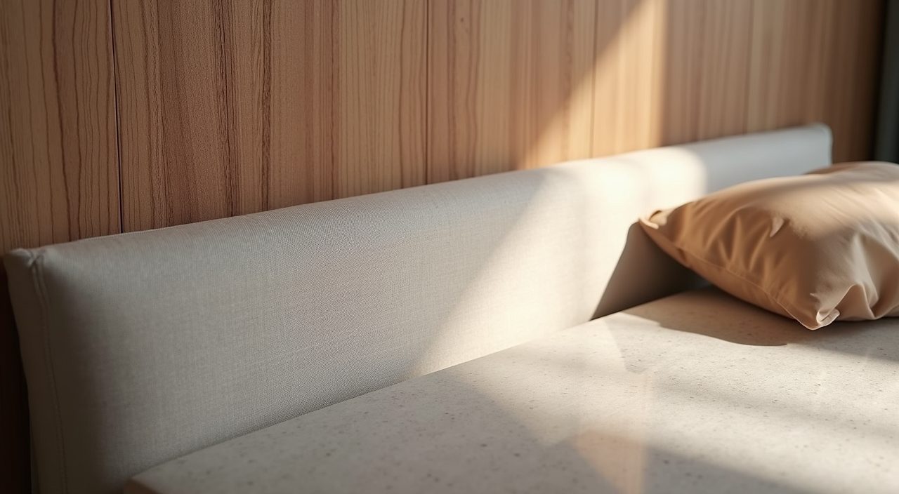 Modern luxury Singapore bedroom material detail with matte, boucle, timber and stone finishes
