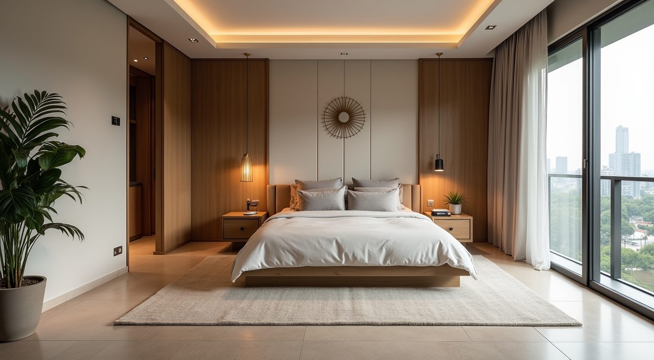 Modern luxury Singapore bedroom with simple large-format floor and clean ceiling lines