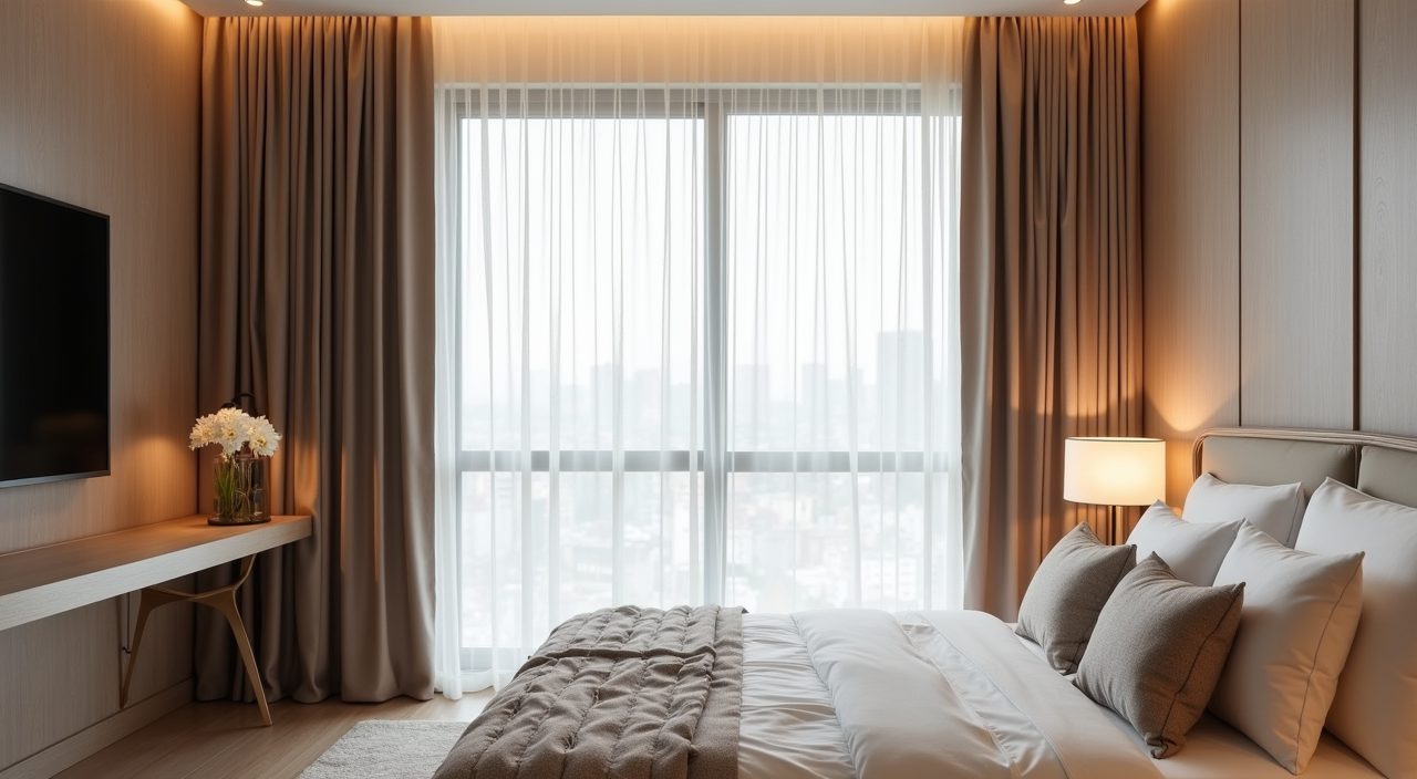 Modern luxury Singapore bedroom with floor-to-ceiling sheer and blackout curtains at a bright window