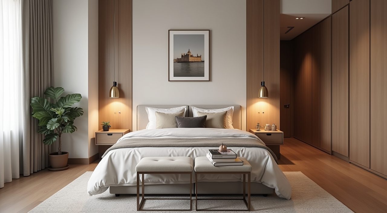 Modern luxury Singapore bedroom minimally styled with layered bedding, lamps and one artwork