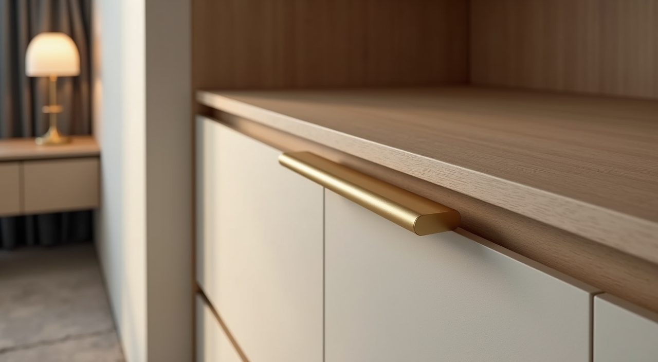 Modern luxury Singapore bedroom detail of matte wardrobe front with slim brushed brass hardware