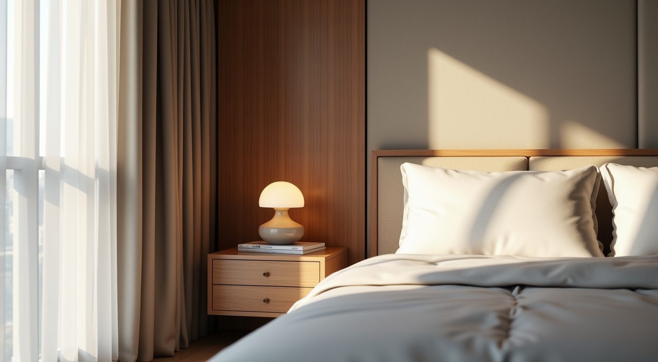 Modern luxury Singapore bedroom corner nook with timber bedside table and warm lamp