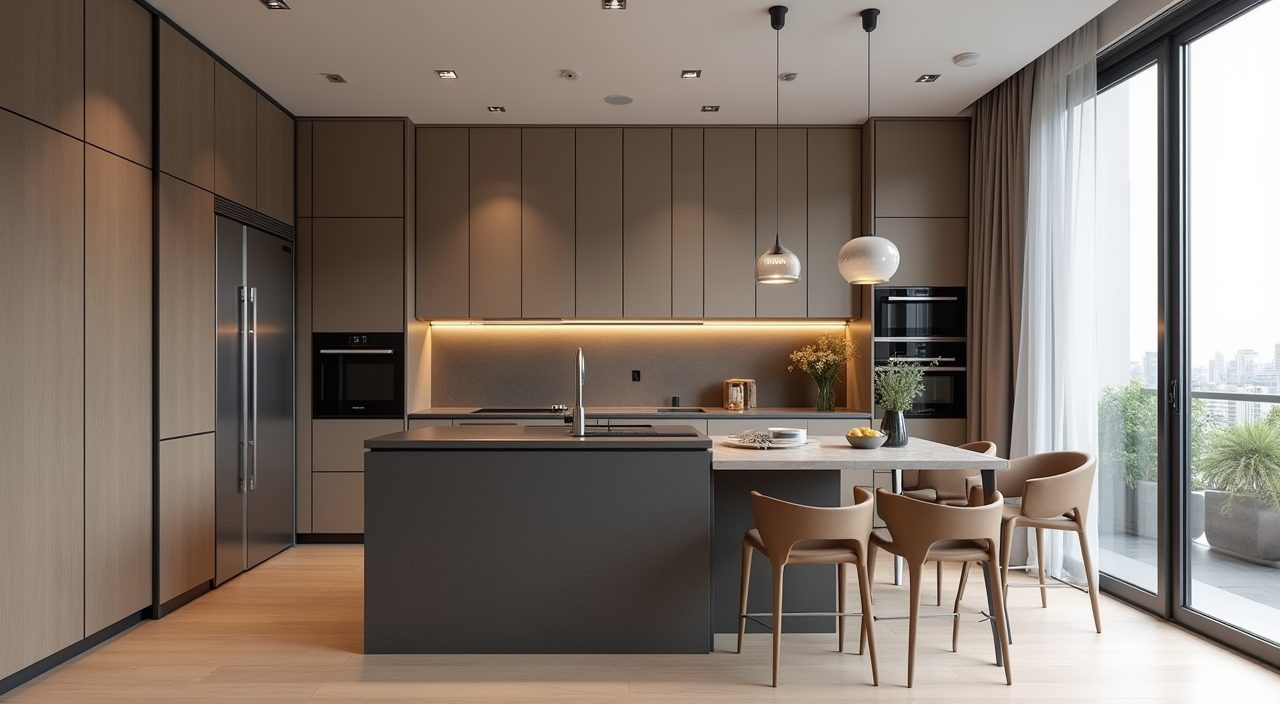 Modern luxury Singapore kitchen with warm greige and taupe palette and matte cabinet fronts