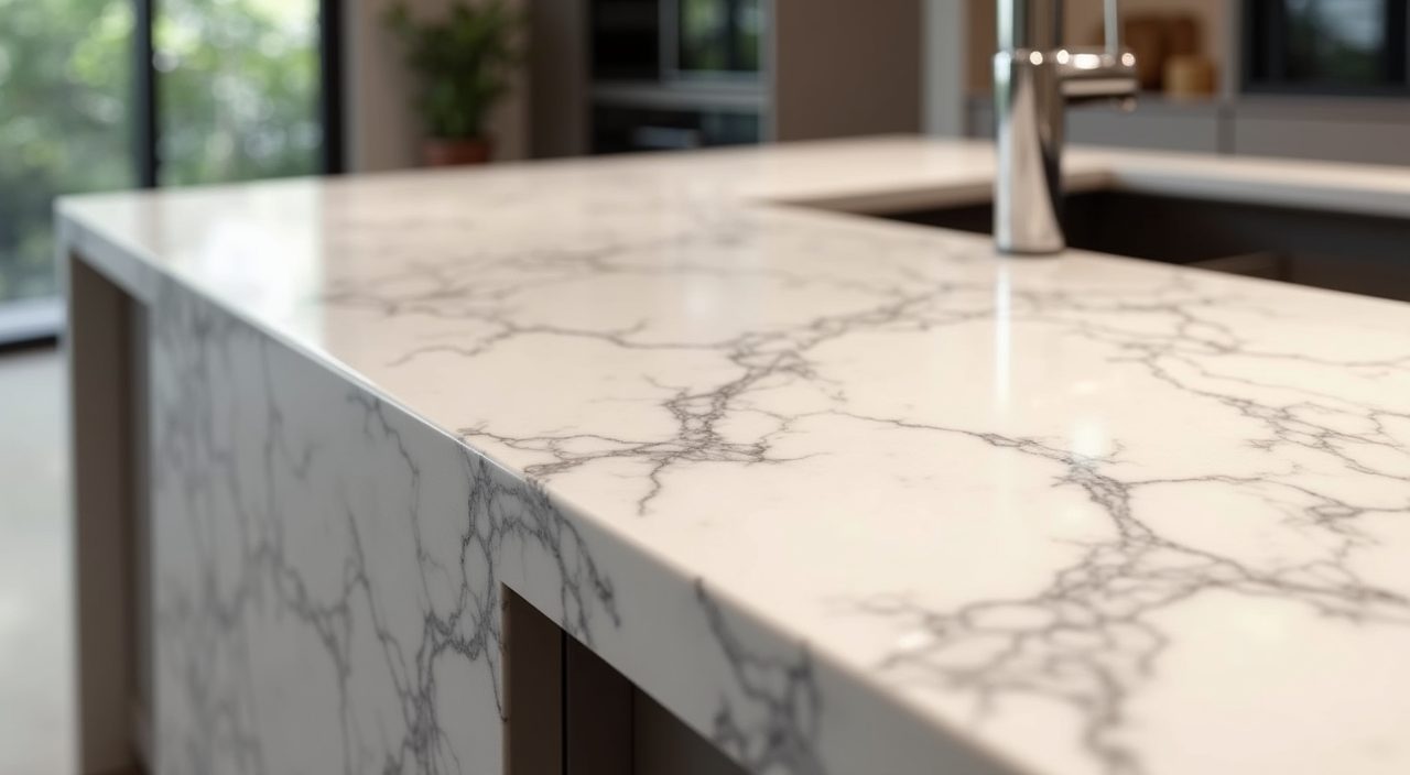 Modern luxury Singapore kitchen veined sintered stone countertop with waterfall edge detail