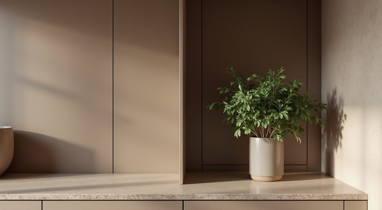 Modern luxury Singapore kitchen corner nook with slim full-height pantry and warm stone counter