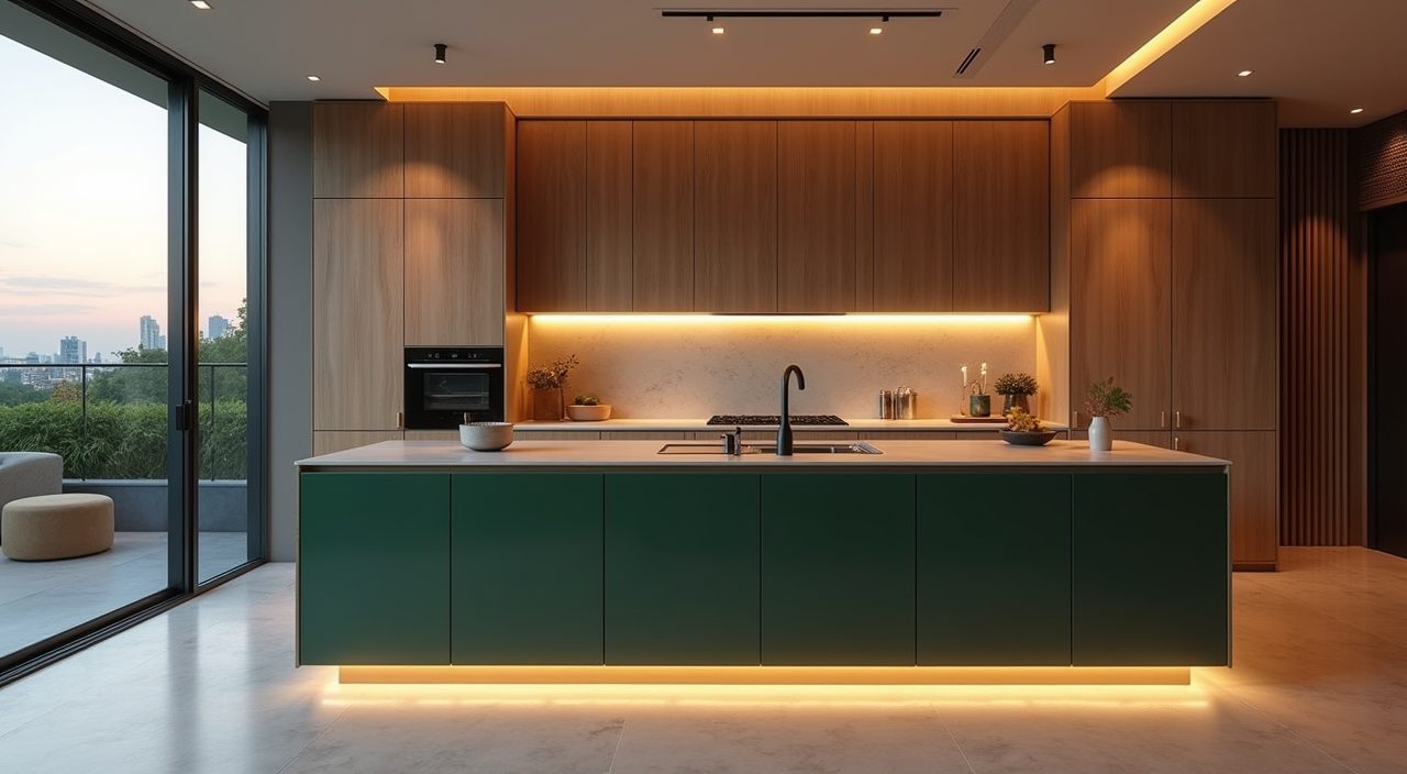 Modern luxury Singapore kitchen wide mood shot with neutral cabinetry and forest green island at dusk