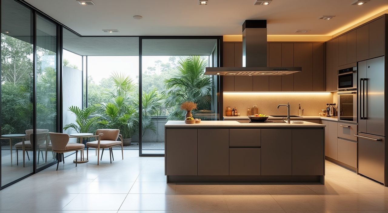 Modern luxury Singapore kitchen wet and dry split with glass sliding partition