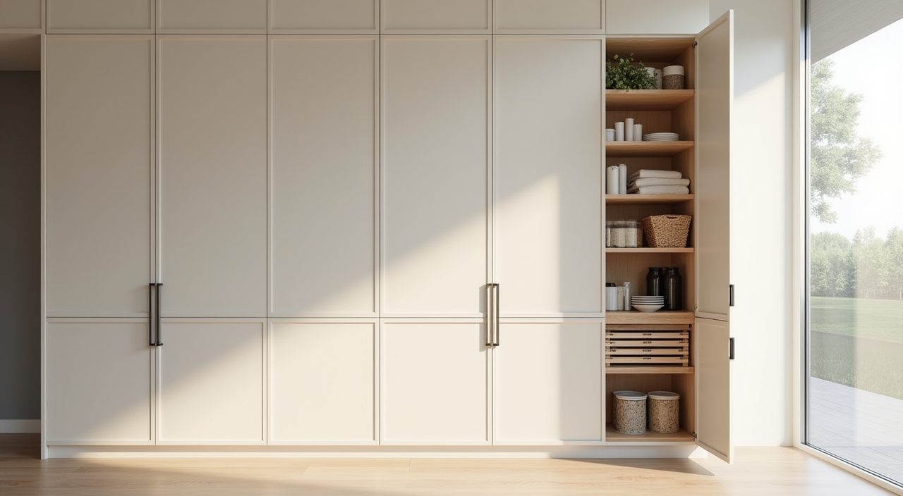Modern luxury Singapore kitchen handleless full height cabinets with pull-out tall storage unit