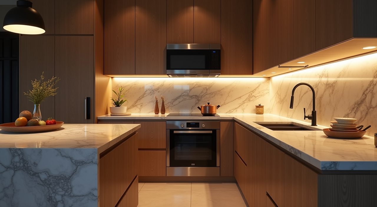Modern luxury Singapore kitchen layered lighting with glowing under-cabinet task strip