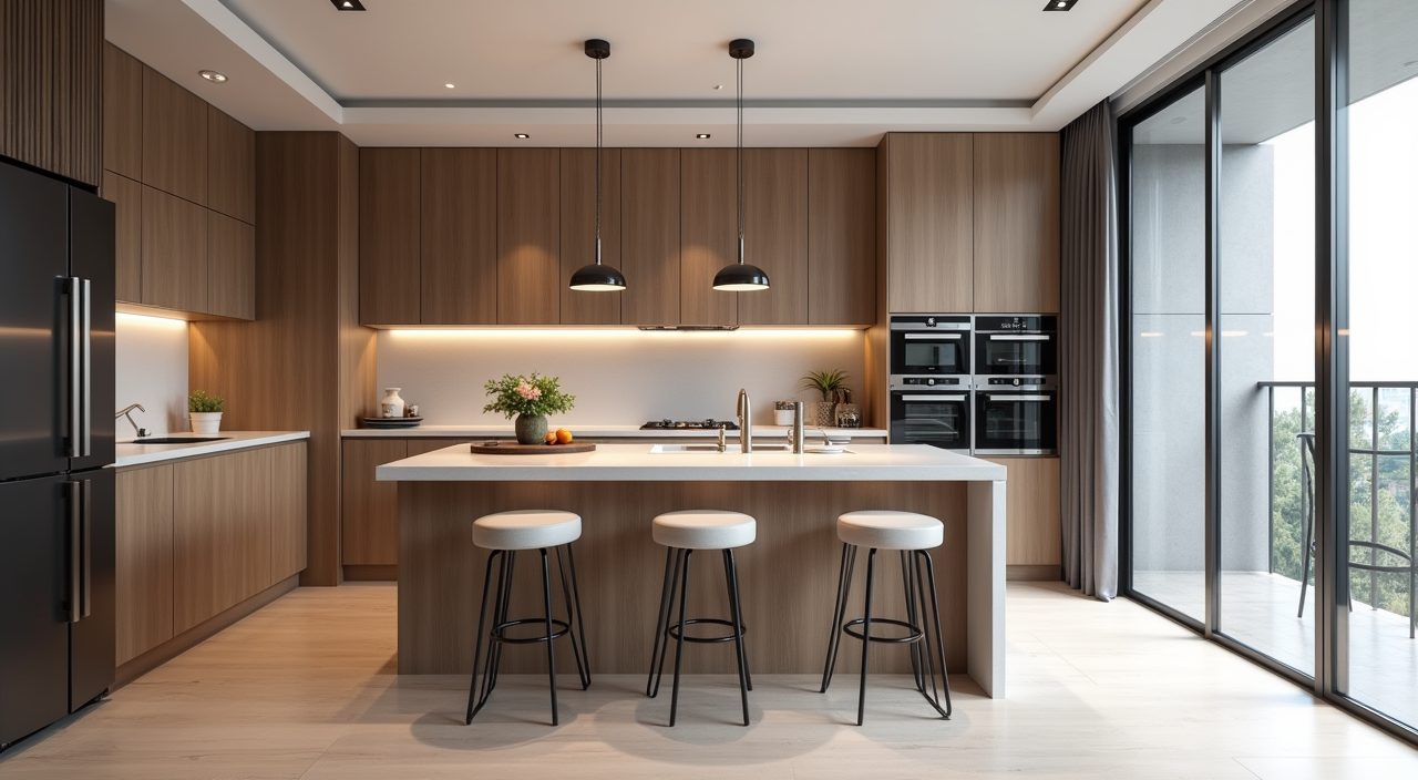 Modern luxury Singapore kitchen peninsula counter with breakfast stools sized for a compact space
