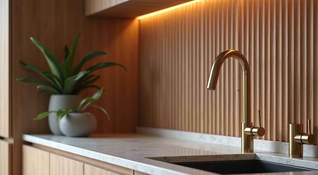 Modern luxury Singapore kitchen fluted timber veneer panel with brushed brass tap detail