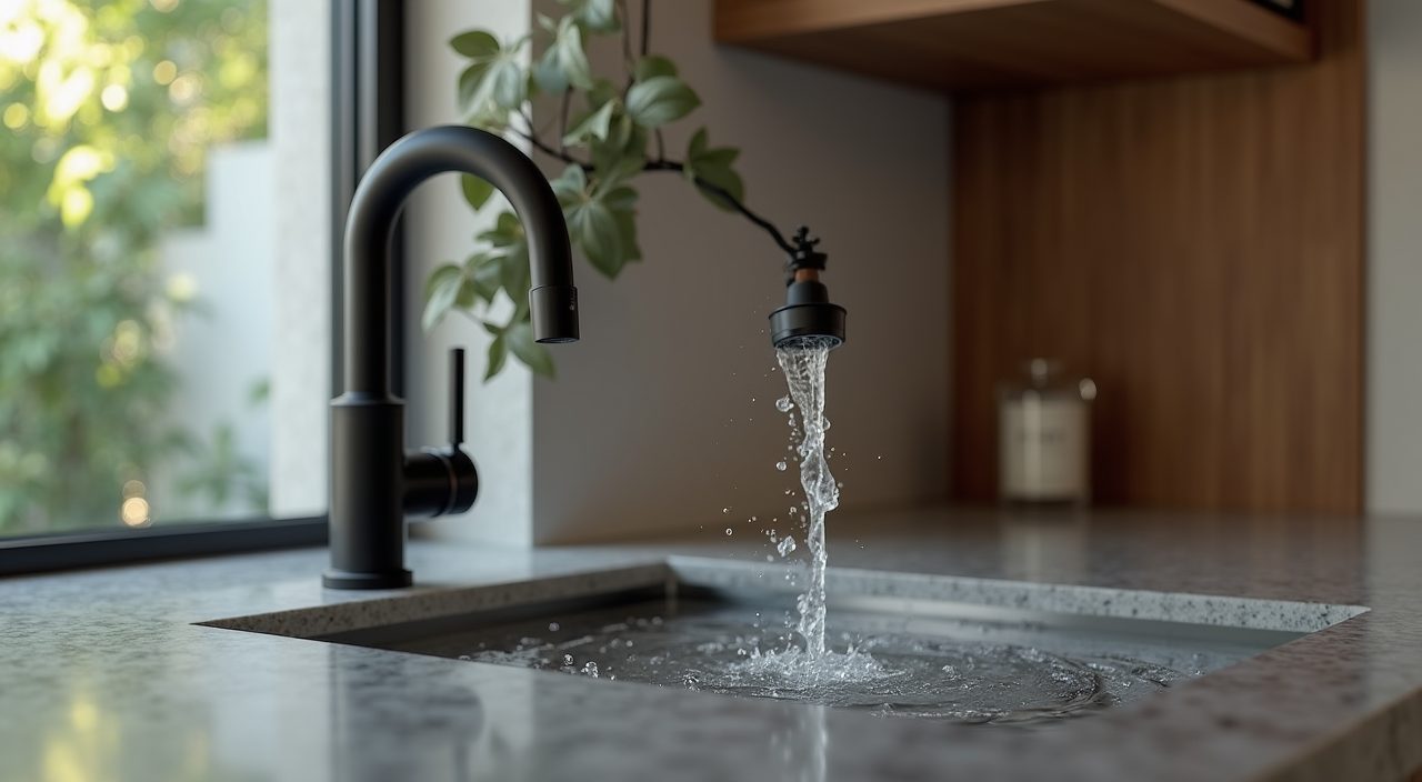 Modern luxury Singapore kitchen matte black tapware and undermount sink detail