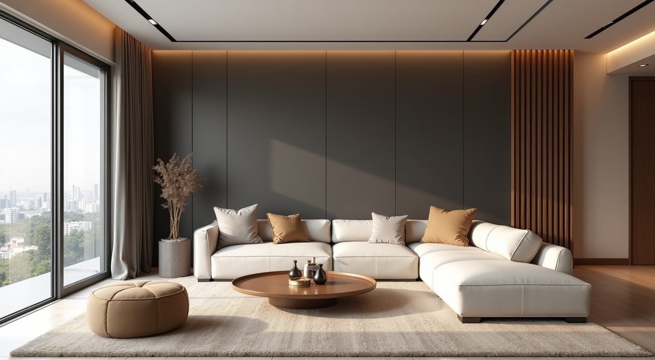 Modern luxury Singapore living room with warm greige and charcoal neutral palette