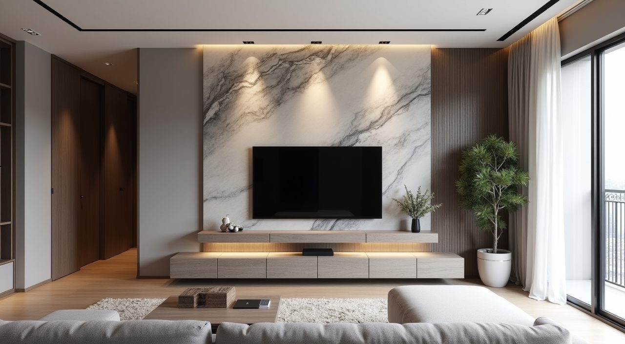 Modern luxury Singapore living room with sintered stone veined feature TV wall