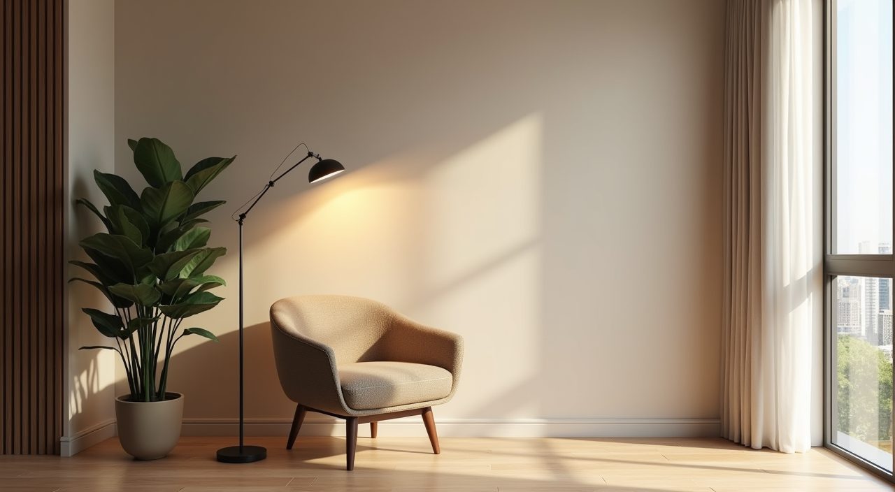 Modern luxury Singapore living room reading nook with accent chair, floor lamp and snake plant