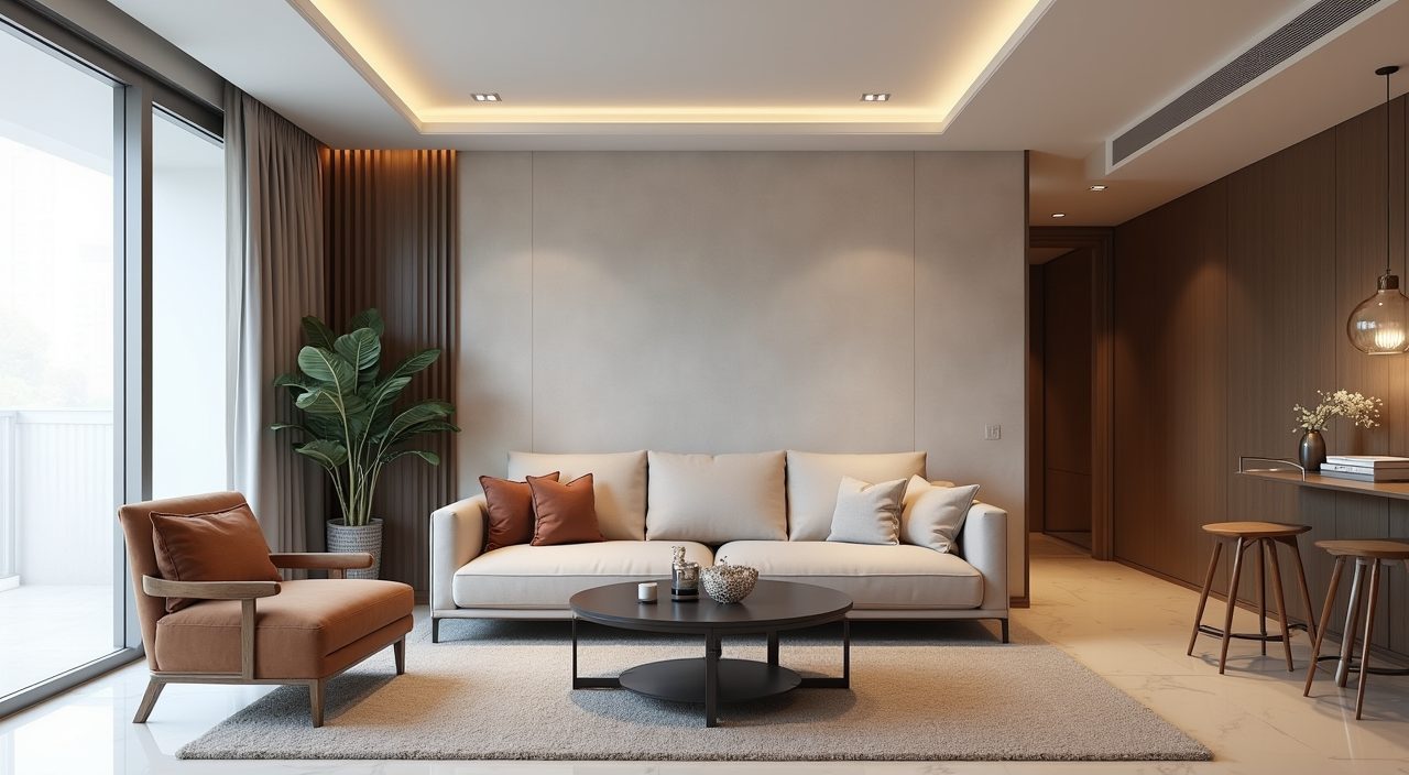 Modern luxury Singapore HDB living room with floated three seater sofa and open circulation
