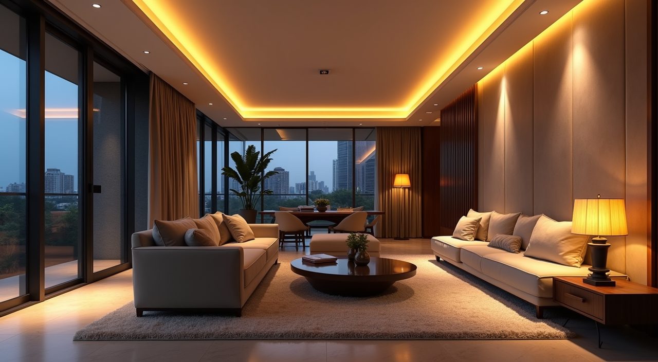 Modern luxury Singapore living room layered cove and accent lighting at dusk
