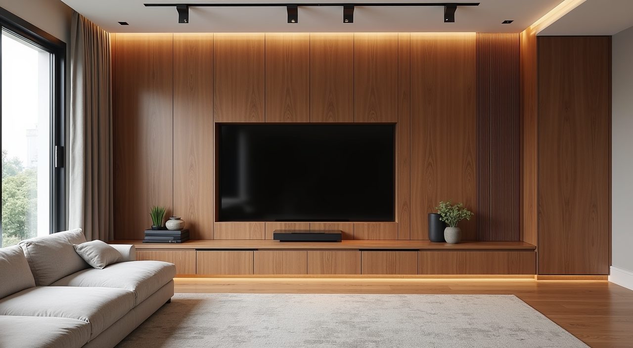 Modern luxury Singapore living room with full height handleless concealed storage wall