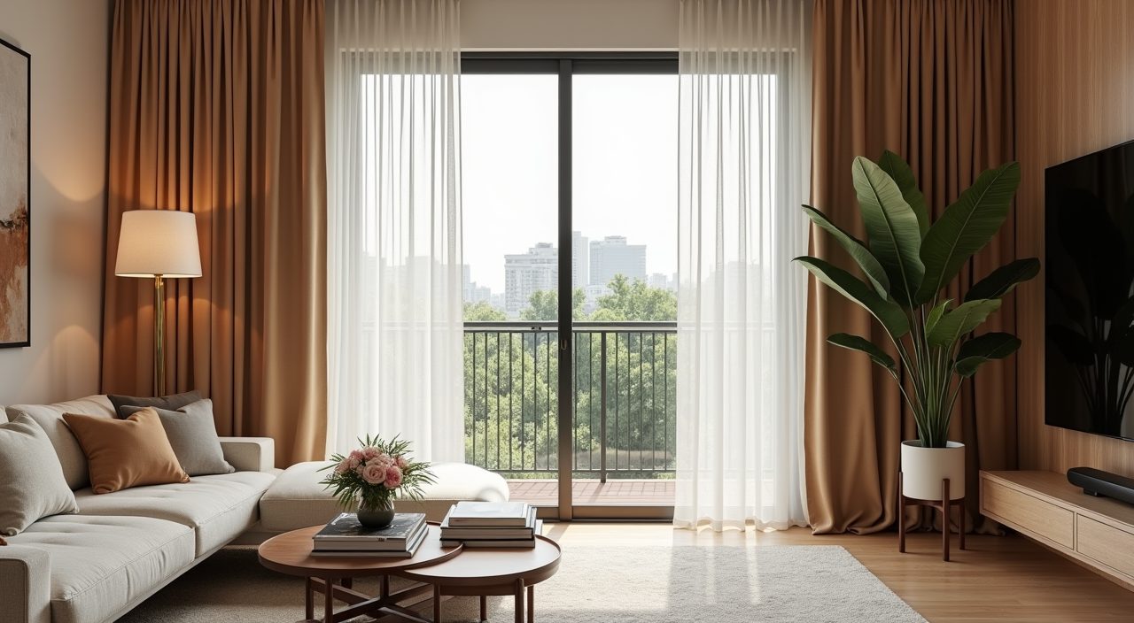 Modern luxury Singapore living room with sheer and drape floor to ceiling curtains